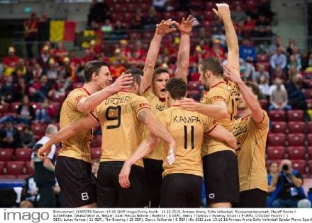 13.10.2015, Armeec Arena, Sofia Volleyball, Europameisterschaft, Playoff Runde Achtelfinale, Deutschland vs. Belgien Jubel Marcus Böhme Boehme ( 8 GER), Georg György Gyoergy Grozer ( 9 GER), Christian Fromm ( 1 GER), Lukas Kampa ( 11 GER), Tim Broshog ( 15 GER), Denys Kaliberda ( 6 GER)