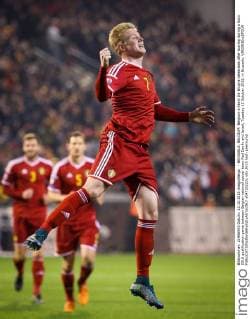 - BRUSSELS, BELGIUM: Belgium s Kevin De Bruyne celebrates after scoring during a Euro 2016 qualification game between Belgian national soccer team Red Devils and Israel, Tuesday 13 October 2015, in Brussels. VIRGINIExLEFOUR  x04720222x