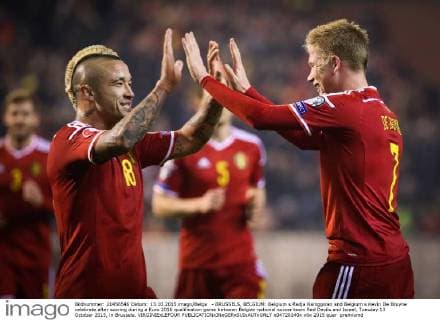 - BRUSSELS, BELGIUM: Belgium s Radja Nainggolan and Belgium s Kevin De Bruyne celebrate after scoring during a Euro 2016 qualification game between Belgian national soccer team Red Devils and Israel, Tuesday 13 October 2015, in Brussels. VIRGINIExLEFOUR  x04720240x