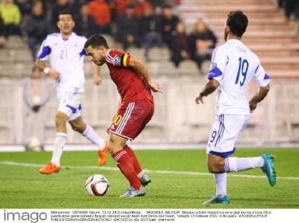 - BRUSSELS, BELGIUM: Belgium s Eden Hazard scores a goal during a Euro 2016 qualification game between Belgian national soccer team Red Devils and Israel, Tuesday 13 October 2015, in Brussels. VIRGINIExLEFOUR  x04720272x