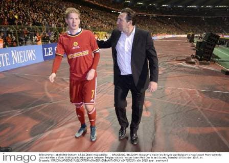 - BRUSSELS, BELGIUM: Belgium s Kevin De Bruyne and Belgium s head coach Marc Wilmots pictured after a Euro 2016 qualification game between Belgian national soccer team Red Devils and Israel, Tuesday 13 October 2015, in Brussels. YORICKxJANSENS  x04720327x