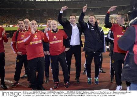 - BRUSSELS, BELGIUM: Belgium s head coach Marc Wilmots and Belgium s assistant coach Vital Borkelmans celebrate after winning a Euro 2016 qualification game between Belgian national soccer team Red Devils and Israel, Tuesday 13 October 2015, in Brussels. YORICKxJANSENS  x04720328x