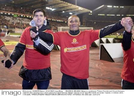 - BRUSSELS, BELGIUM: Belgium s goalkeeper Thibaut Courtois and Vincent Kompany celebrate after winning a Euro 2016 qualification game between Belgian national soccer team Red Devils and Israel, Tuesday 13 October 2015, in Brussels. YORICKxJANSENS  x04720321x