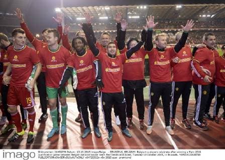 - BRUSSELS, BELGIUM: Belgium s players celebrate after winning a Euro 2016 qualification game between Belgian national soccer team Red Devils and Israel, Tuesday 13 October 2015, in Brussels. YORICKxJANSENS  x04720322x