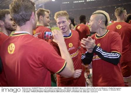 - BRUSSELS, BELGIUM: Belgium s Kevin De Bruyne and Belgium s Radja Nainggolan celebrate after winning a Euro 2016 qualification game between Belgian national soccer team Red Devils and Israel, Tuesday 13 October 2015, in Brussels. YORICKxJANSENS  x04720325x