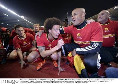 - BRUSSELS, BELGIUM: Belgium s Eden Hazard, Belgium s Axel Witsel and Vincent Kompany celebrate after winning a Euro 2016 qualification game between Belgian national soccer team Red Devils and Israel, Tuesday 13 October 2015, in Brussels. YORICKxJANSENS  x04720342x