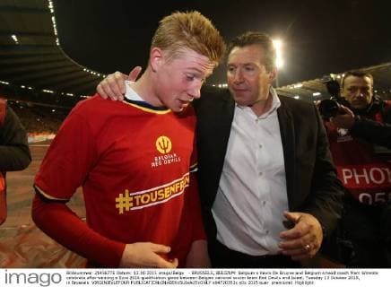 - BRUSSELS, BELGIUM: Belgium s Kevin De Bruyne and Belgium s head coach Marc Wilmots celebrate after winning a Euro 2016 qualification game between Belgian national soccer team Red Devils and Israel, Tuesday 13 October 2015, in Brussels. VIRGINIExLEFOUR  x04720352x