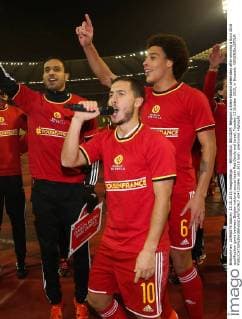 - BRUSSELS, BELGIUM: Belgium s Eden Hazard celebrates after winning a Euro 2016 qualification game between Belgian national soccer team Red Devils and Israel, Tuesday 13 October 2015, in Brussels. VIRGINIExLEFOUR  x04720384x
