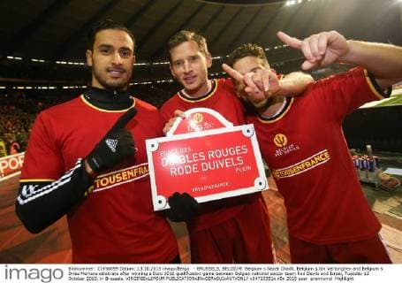 - BRUSSELS, BELGIUM: Belgium s Nacer Chadli, Belgium s Jan Vertonghen and Belgium s Dries Mertens celebrate after winning a Euro 2016 qualification game between Belgian national soccer team Red Devils and Israel, Tuesday 13 October 2015, in Brussels. VIRGINIExLEFOUR  x04720391x
