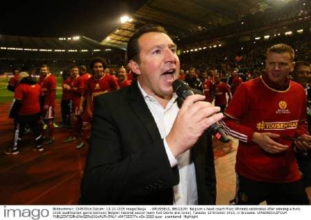 - BRUSSELS, BELGIUM: Belgium s head coach Marc Wilmots celebrates after winning a Euro 2016 qualification game between Belgian national soccer team Red Devils and Israel, Tuesday 13 October 2015, in Brussels. VIRGINIExLEFOUR  x04720377x