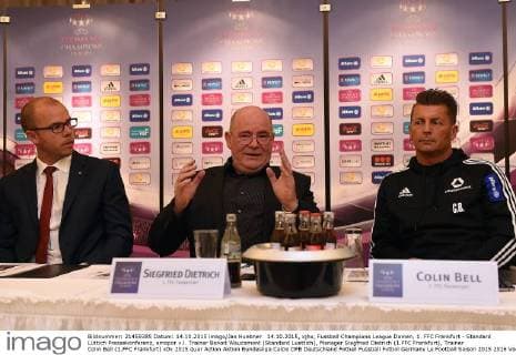 14.10.2015, xjhx, Fussball Champions League Damen, 1. FFC Frankfurt - Standard Lüttich Pressekonferenz, emspor v.l. Trainer Benoit Waucomont (Standard Luettich), Manager Siegfried Dietrich (1.FFC Frankfurt), Trainer Colin Bell (1.FFC Frankfurt)