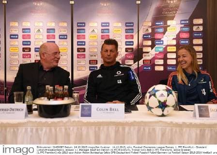 14.10.2015, xjhx, Fussball Champions League Damen, 1. FFC Frankfurt - Standard Lüttich Pressekonferenz, emspor v.l. Manager Siegfried Dietrich (1.FFC Frankfurt), Trainer Colin Bell (1.FFC Frankfurt), Jackie Groenen (1.FFC Frankfurt)