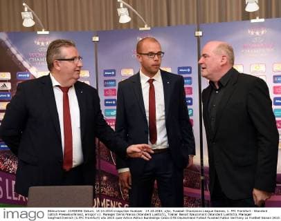 14.10.2015, xjhx, Fussball Champions League Damen, 1. FFC Frankfurt - Standard Lüttich Pressekonferenz, emspor v.l. Manager Denis Franco (Standard Luettich), Trainer Benoit Waucomont (Standard Luettich), Manager Siegfried Dietrich (1.FFC Frankfurt)
