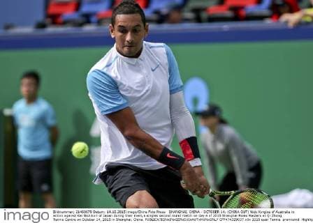 SHANGHAI, CHINA - OCTOBER 14: (CHINA OUT) Nick Kyrgios of Australia in action against Kei Nishikori of Japan during their men s singles second round match on day 4 of 2015 Shanghai Rolex Masters at Qi Zhong Tennis Centre on October 14, 2015 in Shanghai, China.  CFP474329037 