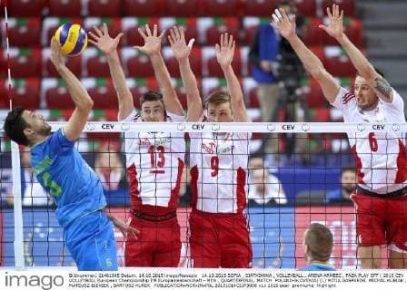 14.10.2015 SOFIA , SIATKOWKA , VOLLEYBALL , ARENA ARMEEC , FAZA PLAY OFF ( 2015 CEV VOLLEYBALL European Championship EM Europameisterschaft - MEN , QUARTERFINAL, MATCH POLAND-SLOVENIA) (L) MITJA GASPARINI MICHAL KUBIAK , MATEUSZ BIENIEK , BARTOSZ KUREK  20151014CSJP3008
