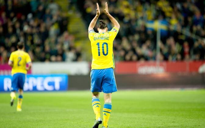 2015-10-12. Friends Arena, National Arena, Stockholm, Sweden. Sweden played tonight an important European Championship EM Europameisterschaft qualifying match against Moldova at home on the National Arena Friends Arena in Solna. In picture: Sweden 10 Zlatan Ibrahimovic celebrate his 1-0 goal. PhotobyMagnusLiljegrenIBLAOPAllOverPress 