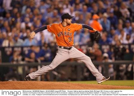 Houston Astros starting pitcher Collin McHugh (31) throws a pitch against the Kansas City Royals in the first inning of game 5 of the American League Division Series at Kauffman Stadium in Kansas City, Missouri on October 14, 2015.  KCP20151014103 JEFFxMOFFETT