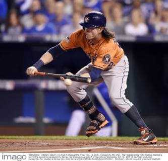 Oct. 14, 2015 - Kansas City, MO, USA - The Houston Astros Colby Rasmus attempts a bunt in the second inning against the Kansas City Royals during Game 5 of the ALDS on Wednesday, Oct. 14, 2015, at Kauffman Stadium in Kansas City, Mo. Houston at Kansas City, ALDS Game 5 - ZUMAm67_