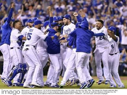 Oct. 14, 2015 - Kansas City, MO, USA - The Kansas City Royals celebrate after eliminating the Houston Astros with a 7-2 win in Game 5 of the ALDS on Wednesday, Oct. 14, 2015, at Kauffman Stadium in Kansas City, Mo. Houston at Kansas City, ALDS Game 5 - ZUMAm67_