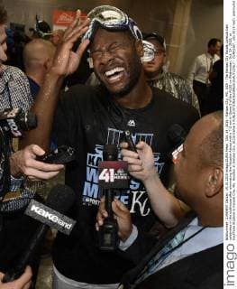Oct. 14, 2015 - Kansas City, MO, USA - The Kansas City Royals Lorenzo Cain celebrates in the clubhouse after eliminating the Houston Astros with a 7-2 win in Game 5 of the ALDS on Wednesday, Oct. 14, 2015, at Kauffman Stadium in Kansas City, Mo. Houston at Kansas City, ALDS Game 5 - ZUMAm67_