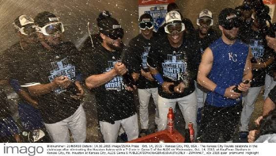 Oct. 14, 2015 - Kansas City, MO, USA - The Kansas City Royals celebrate in the clubhouse after eliminating the Houston Astros with a 7-2 win in Game 5 of the ALDS on Wednesday, Oct. 14, 2015, at Kauffman Stadium in Kansas City, Mo. Houston at Kansas City, ALDS Game 5 - ZUMAm67_