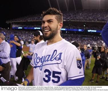 Kansas City Royals first baseman Eric Hosmer (35) smiles after the Royals defeated the Houston Astros in game 5 of the American League Division Series at Kauffman Stadium in Kansas City, Missouri on October 14, 2015.  KCP20151014129 JEFFxMOFFETT