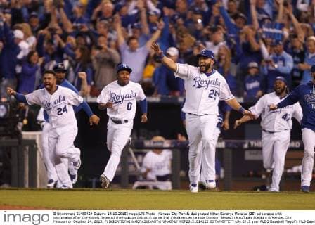 Kansas City Royals designated hitter Kendrys Morales (25) celebrates with teammates after the Royals defeated the Houston Astros in game 5 of the American League Division Series at Kauffman Stadium in Kansas City, Missouri on October 14, 2015.  KCP20151014125 JEFFxMOFFETT