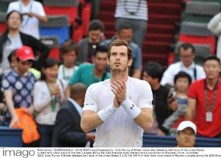 Andy Murray of Britain reacts after defeating John Isner of the United States in their third round match of the men s singles during the 2015 Shanghai Rolex Masters tennis tournament in Shanghai, China, 15 October 2015. Andy Murray of Britain defeated John Isner of the United States 2-1 (6-7 6-4 6-4) in their third round match of the men s singles during the 2015 Shanghai Rolex Masters tennis tournament in Shanghai, China, 15 October 2015. Andy Murray eliminates John Isner at Shanghai Rolex Masters  pbu345639_06