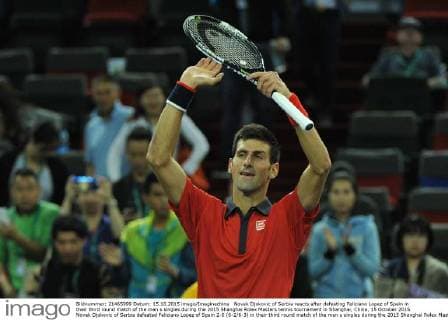Novak Djokovic of Serbia reacts after defeating Feliciano Lopez of Spain in their third round match of the men s singles during the 2015 Shanghai Rolex Masters tennis tournament in Shanghai, China, 15 October 2015. Novak Djokovic of Serbia defeated Feliciano Lopez of Spain 2-0 (6-2 6-3) in their third round match of the men s singles during the 2015 Shanghai Rolex Masters tennis tournament in Shanghai, China, 15 October 2015. Novak Djokovic conquers Feliciano Lopez at Shanghai Rolex Masters  pbu345717_03