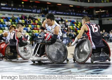 15.10.2015. The Copperbox, London, England. BT World Wheelchair Rugby Challenge 2015. Canada versus Japan semi-final. Japan s Yukinobu Ike goes over for a try xCraigxMercerx  ActionPlus11672535