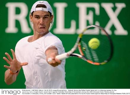 Spanish tennis star Rafael Nadal takes part in a training session for the upcoming men s singles fourth round match against Stanislas Wawrinka of Switzerland during the 2015 Shanghai Rolex Masters tennis tournament in Shanghai, China, 16 October 2015. Nadal makes all-out preparation for fourth round match against Wawrinka at Shanghai Masters  20151016_62505