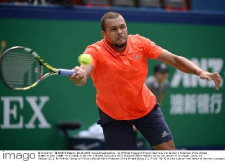 Jo-Wilfried Tsonga of France returns a shot to Kevin Anderson of the United States in their quarter-final match of the men s singles during the 2015 Shanghai Rolex Masters tennis tournament in Shanghai, China, 16 October 2015. Jo-Wilfried Tsonga of France defeated Kevin Anderson of the United States 2-1 (7-6 5-7 6-4) in their quarter-final match of the men s singles during the 2015 Shanghai Rolex Masters tennis tournament in Shanghai, China, 16 October 2015. Jo-Wilfried Tsonga eliminates Kevin Anderson at Shanghai Rolex Masters  20151016_32257