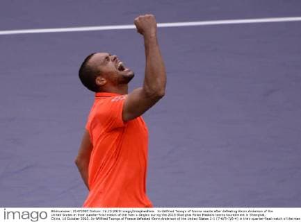 Jo-Wilfried Tsonga of France reacts after defeating Kevin Anderson of the United States in their quarter-final match of the men s singles during the 2015 Shanghai Rolex Masters tennis tournament in Shanghai, China, 16 October 2015. Jo-Wilfried Tsonga of France defeated Kevin Anderson of the United States 2-1 (7-6 5-7 6-4) in their quarter-final match of the men s singles during the 2015 Shanghai Rolex Masters tennis tournament in Shanghai, China, 16 October 2015. Jo-Wilfried Tsonga eliminates Kevin Anderson to advance to semi-final at Shanghai Rolex Masters  20151016_33095