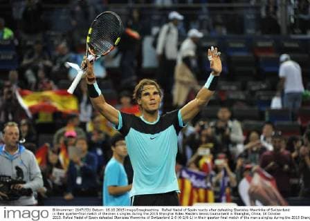 Rafael Nadal of Spain reacts after defeating Stanislas Wawrinka of Switzerland in their quarter-final match of the men s singles during the 2015 Shanghai Rolex Masters tennis tournament in Shanghai, China, 16 October 2015. Rafael Nadal of Spain defeated Stanislas Wawrinka of Switzerland 2-0 (6-2 6-1) in their quarter-final match of the men s singles during the 2015 Shanghai Rolex Masters tennis tournament in Shanghai, China, 16 October 2015. Rafael Nadal ousts Stanislas Wawrinka to advance to semi-final at Shanghai Rolex Masters  pbu346235_13