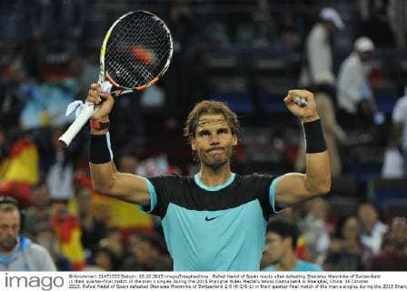Rafael Nadal of Spain reacts after defeating Stanislas Wawrinka of Switzerland in their quarter-final match of the men s singles during the 2015 Shanghai Rolex Masters tennis tournament in Shanghai, China, 16 October 2015. Rafael Nadal of Spain defeated Stanislas Wawrinka of Switzerland 2-0 (6-2 6-1) in their quarter-final match of the men s singles during the 2015 Shanghai Rolex Masters tennis tournament in Shanghai, China, 16 October 2015. Rafael Nadal ousts Stanislas Wawrinka to advance to semi-final at Shanghai Rolex Masters  pbu346235_15