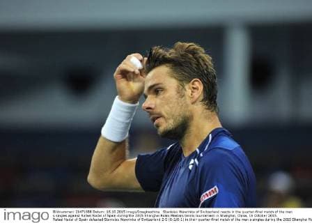 Stanislas Wawrinka of Switzerland reacts in the quarter-final match of the men s singles against Rafael Nadal of Spain during the 2015 Shanghai Rolex Masters tennis tournament in Shanghai, China, 16 October 2015. Rafael Nadal of Spain defeated Stanislas Wawrinka of Switzerland 2-0 (6-2 6-1) in their quarter-final match of the men s singles during the 2015 Shanghai Rolex Masters tennis tournament in Shanghai, China, 16 October 2015. Rafael Nadal ousts Stanislas Wawrinka to advance to semi-final at Shanghai Rolex Masters  pbu346245_25