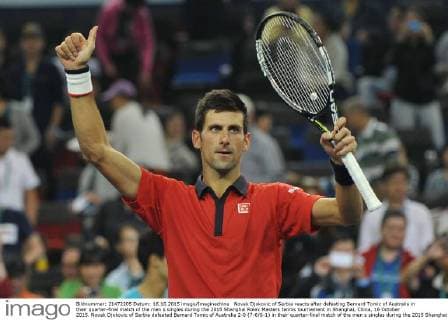 Novak Djokovic of Serbia reacts after defeating Bernard Tomic of Australia in their quarter-final match of the men s singles during the 2015 Shanghai Rolex Masters tennis tournament in Shanghai, China, 16 October 2015. Novak Djokovic of Serbia defeated Bernard Tomic of Australia 2-0 (7-6 6-1) in their quarter-final match of the men s singles during the 2015 Shanghai Rolex Masters tennis tournament in Shanghai, China, 16 October 2015. Novak Djokovic kicks out Bernard Tomic to advance to semi-final at Shanghai Rolex Masters  pbu346293_15
