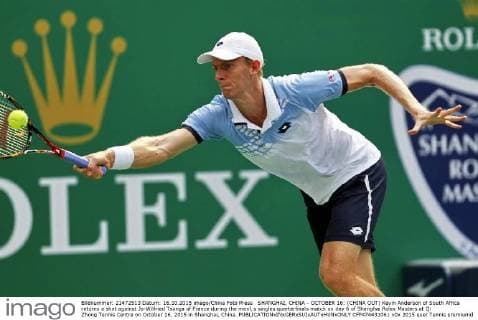 SHANGHAI, CHINA - OCTOBER 16: (CHINA OUT) Kevin Anderson of South Africa returns a shot against Jo-Wilfried Tsonga of France during the men s singles quarterfinals match on day 6 of Shanghai Rolex Masters at Qi Zhong Tennis Centre on October 16, 2015 in Shanghai, China.  CFP474431061 