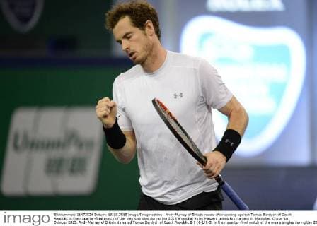 Andy Murray of Britain reacts after scoring against Tomas Berdych of Czech Republic in their quarter-final match of the men s singles during the 2015 Shanghai Rolex Masters tennis tournament in Shanghai, China, 16 October 2015. Andy Murray of Britain defeated Tomas Berdych of Czech Republic 2-0 (6-1 6-3) in their quarter-final match of the men s singles during the 2015 Shanghai Rolex Masters tennis tournament in Shanghai, China, 16 October 2015. Andy Murray knocks out Tomas Berdych to advance to semi-final at Shanghai Rolex Masters  20151016_14211