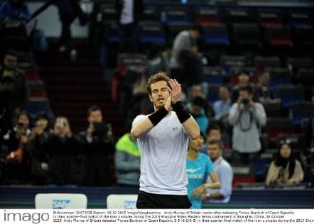 Andy Murray of Britain reacts after defeating Tomas Berdych of Czech Republic in their quarter-final match of the men s singles during the 2015 Shanghai Rolex Masters tennis tournament in Shanghai, China, 16 October 2015. Andy Murray of Britain defeated Tomas Berdych of Czech Republic 2-0 (6-1 6-3) in their quarter-final match of the men s singles during the 2015 Shanghai Rolex Masters tennis tournament in Shanghai, China, 16 October 2015. Andy Murray knocks out Tomas Berdych to advance to semi-final at Shanghai Rolex Masters  pbu346327_06