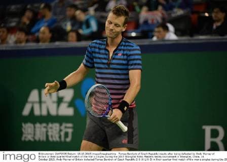 Tomas Berdych of Czech Republic reacts after being defeated by Andy Murray of Britain in their quarter-final match of the men s singles during the 2015 Shanghai Rolex Masters tennis tournament in Shanghai, China, 16 October 2015. Andy Murray of Britain defeated Tomas Berdych of Czech Republic 2-0 (6-1 6-3) in their quarter-final match of the men s singles during the 2015 Shanghai Rolex Masters tennis tournament in Shanghai, China, 16 October 2015. Andy Murray knocks out Tomas Berdych to advance to semi-final at Shanghai Rolex Masters  20151016_14219