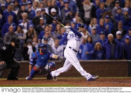 Kansas City Royals first baseman Eric Hosmer (35) hits an RBI double against the Toronto Blue Jays in the eighth inning of game 1 of the American League Championship Series at Kauffman Stadium in Kansas City, Missouri on October 16, 2015.  KCP20151016130 JEFFxMOFFETT