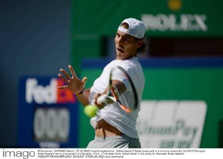 Rafael Nadal of Spain takes part in a training session for the 2015 Shanghai Rolex Masters tennis tournament in Shanghai, China, 17 October 2015. Rafael Nadal in full swing for Shanghai Rolex Masters  20151017_07008