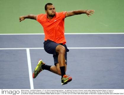 Jo-Wilfried Tsonga of France reacts after defeating Rafael Nadal of Spain in their semi-final match of the men s singles during the 2015 Shanghai Rolex Masters tennis tournament in Shanghai, China, 17 October 2015. Jo-Wilfried Tsonga of France defeated Rafael Nadal of Spain 2-1 (6-4 0-6 7-5) in their semi-final match of the men s singles during the 2015 Shanghai Rolex Masters tennis tournament in Shanghai, China, 17 October 2015. Jo-Wilfried Tsonga ousts Rafael Nadal to advance to final at Shanghai Rolex Masters  20151017_63546