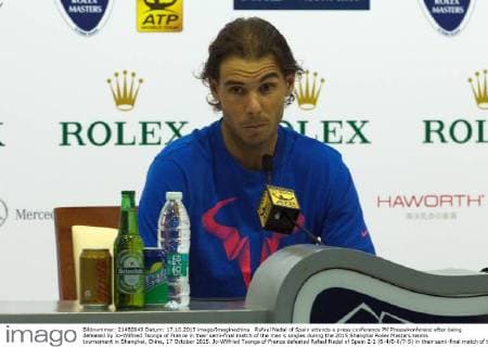 Rafael Nadal of Spain attends a press conference PK Pressekonferenz after being defeated by Jo-Wilfried Tsonga of France in their semi-final match of the men s singles during the 2015 Shanghai Rolex Masters tennis tournament in Shanghai, China, 17 October 2015. Jo-Wilfried Tsonga of France defeated Rafael Nadal of Spain 2-1 (6-4 0-6 7-5) in their semi-final match of the men s singles during the 2015 Shanghai Rolex Masters tennis tournament in Shanghai, China, 17 October 2015. Rafael Nadal attends press conference at Shanghai Rolex Masters  20151017_63606