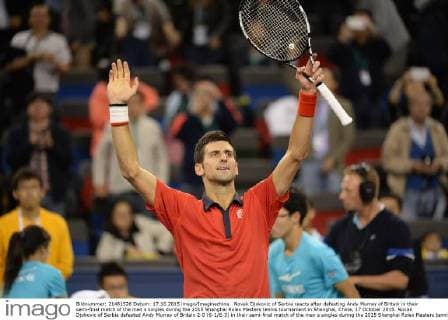 Novak Djokovic of Serbia reacts after defeating Andy Murray of Britain in their semi-final match of the men s singles during the 2015 Shanghai Rolex Masters tennis tournament in Shanghai, China, 17 October 2015. Novak Djokovic of Serbia defeated Andy Murray of Britain 2-0 (6-1 6-3) in their semi-final match of the men s singles during the 2015 Shanghai Rolex Masters tennis tournament in Shanghai, China, 17 October 2015. Novak Djokovic eliminates Andy Murray to advance to final at Shanghai Rolex Masters  20151017_33455