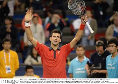 Novak Djokovic of Serbia reacts after defeating Andy Murray of Britain in their semi-final match of the men s singles during the 2015 Shanghai Rolex Masters tennis tournament in Shanghai, China, 17 October 2015. Novak Djokovic of Serbia defeated Andy Murray of Britain 2-0 (6-1 6-3) in their semi-final match of the men s singles during the 2015 Shanghai Rolex Masters tennis tournament in Shanghai, China, 17 October 2015. Novak Djokovic eliminates Andy Murray to advance to final at Shanghai Rolex Masters  20151017_33458