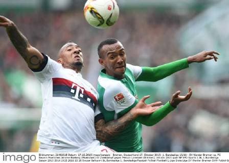Bremen, Deutschland 17. Oktober 2015: 1. Bundesliga 15 16 - SV Werder Bremen vs. FC Bayern Muenchen Jerome Boateng (Muenchen) im Zweikampf gegen Melvyn Lorenzen (Bremen). mt