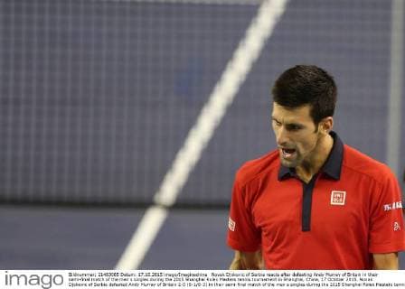 Novak Djokovic of Serbia reacts after defeating Andy Murray of Britain in their semi-final match of the men s singles during the 2015 Shanghai Rolex Masters tennis tournament in Shanghai, China, 17 October 2015. Novak Djokovic of Serbia defeated Andy Murray of Britain 2-0 (6-1 6-3) in their semi-final match of the men s singles during the 2015 Shanghai Rolex Masters tennis tournament in Shanghai, China, 17 October 2015. Novak Djokovic eliminates Andy Murray to advance to final at Shanghai Rolex Masters  20151017_34224
