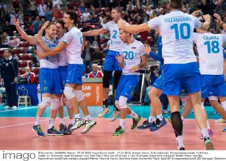 17.10.2015, Armeec Arena, Sofia Volleyball, Europameisterschaft, Halbfinale, Italien vs. Slowenien Jubel Slowenien nach Matchball Sieg